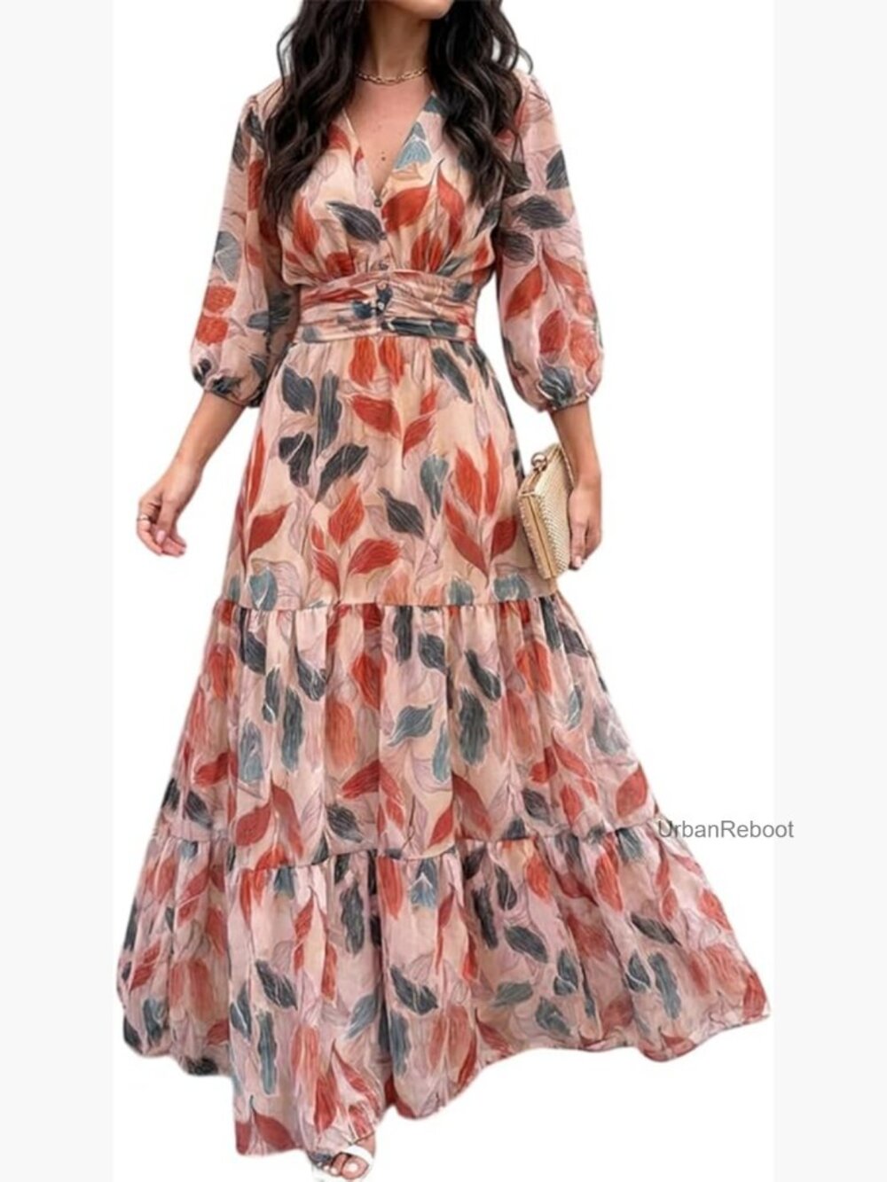 Boho Maxi Dress V-Neck 3/4 Puff Sleeve Flowy Wedding Guest